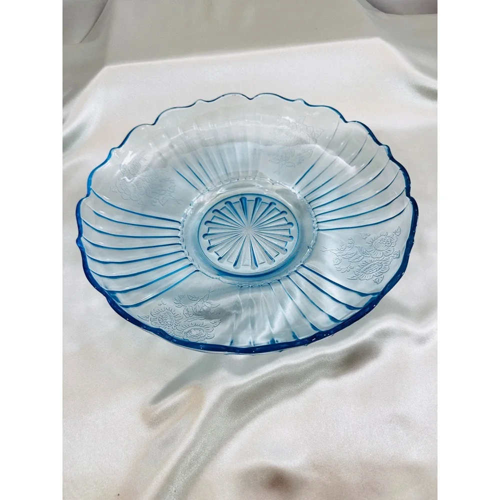 Anchor Hocking Uranium Blue Mayfair Open Rose Fruit Compote Console Bowl 11.75